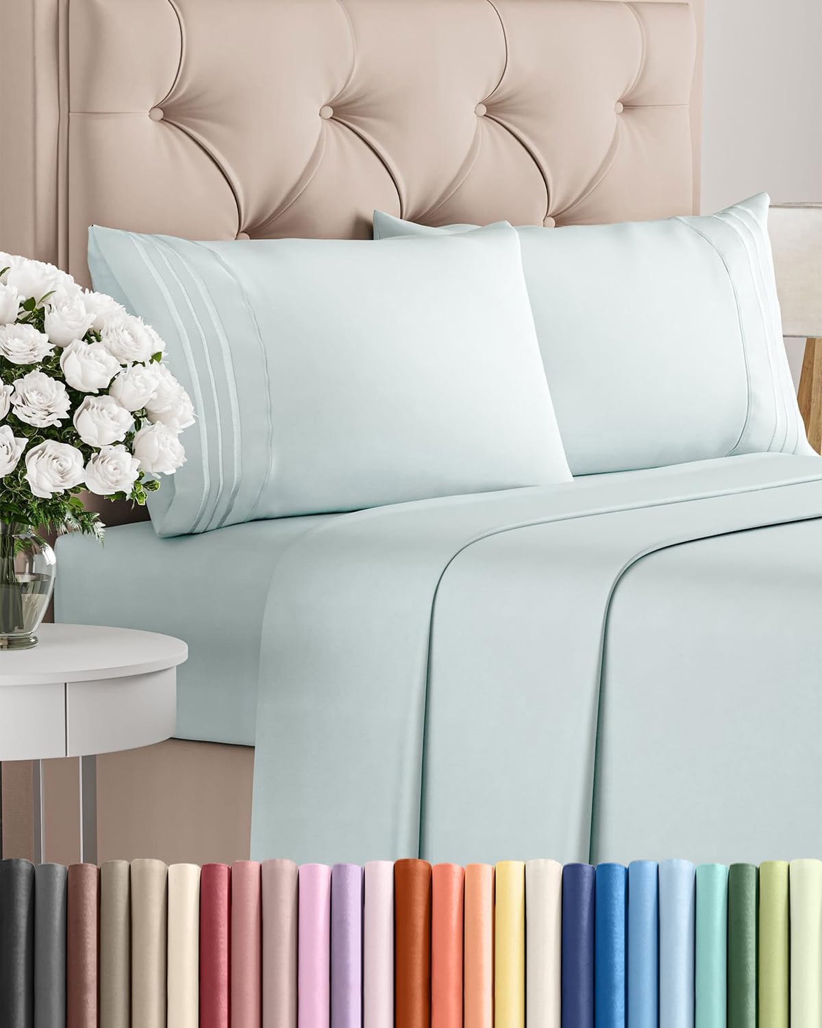 Queen Size 4 Piece Sheet Set - Comfy Breathable & Cooling Sheets - Ice Blue