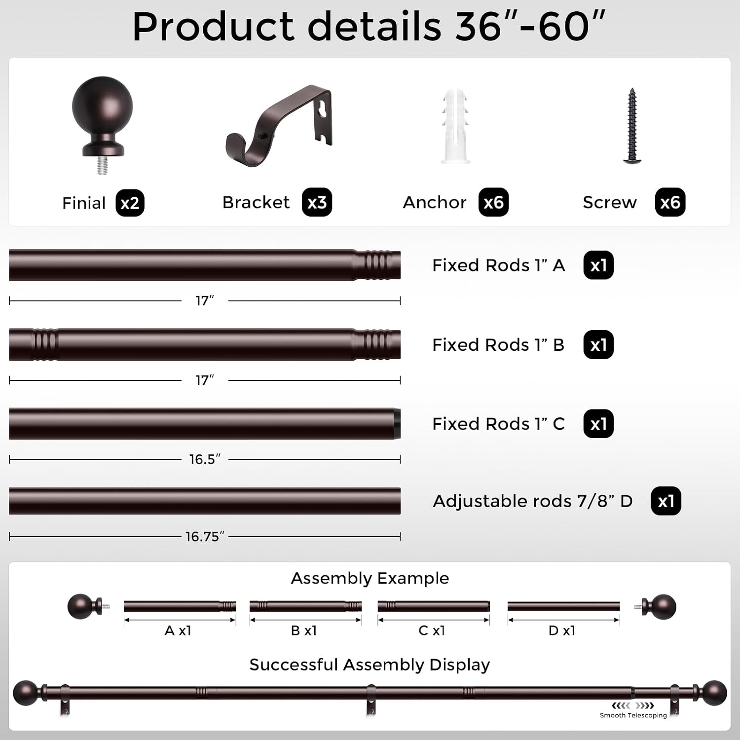 Red Bronze Curtain Rod 36-60 Inch, 1 Inch Adjustable Heavy Duty Curtain Rods for Windows, Decorative Modern Window Treatment Rods, Telescopic Splicing Metal Drapery Pole, Easy Installation