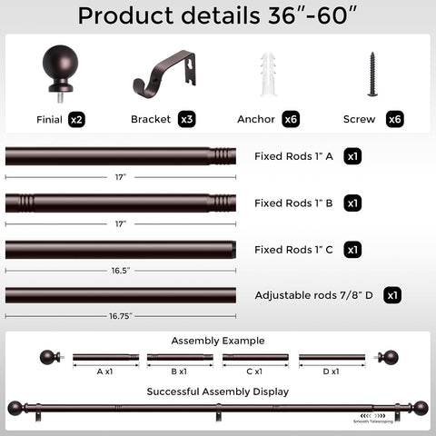 Red Bronze Curtain Rod 36-60 Inch, 1 Inch Adjustable Heavy Duty Curtain Rods for Windows, Decorative Modern Window Treatment Rods, Telescopic Splicing Metal Drapery Pole, Easy Installation