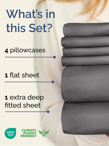 Extra Deep Queen Sheet Set - 6 Piece Breathable and Cooling Sheets - Grey