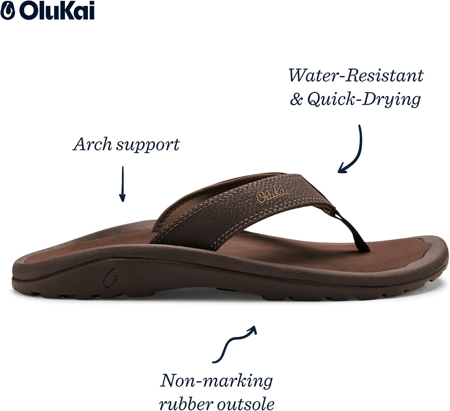 OluKai Ohana Men's Sandals, Water Resistant Flip Flops with Arch Support