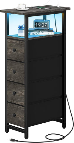 Yoobure Narrow Nightstand with Charging Station, LED Tall Narrow Side Table