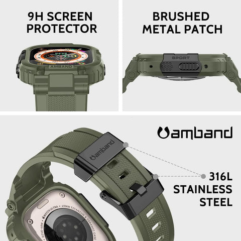amBand Bands Case Screen Protector Compatible with Apple Watch Ultra 3/2/1 49mm, M1 Sport Series Rugged Cover Strap and 9H Tempered Glass Film, Protective Bumper for iWatch 49 mm Men Army Green