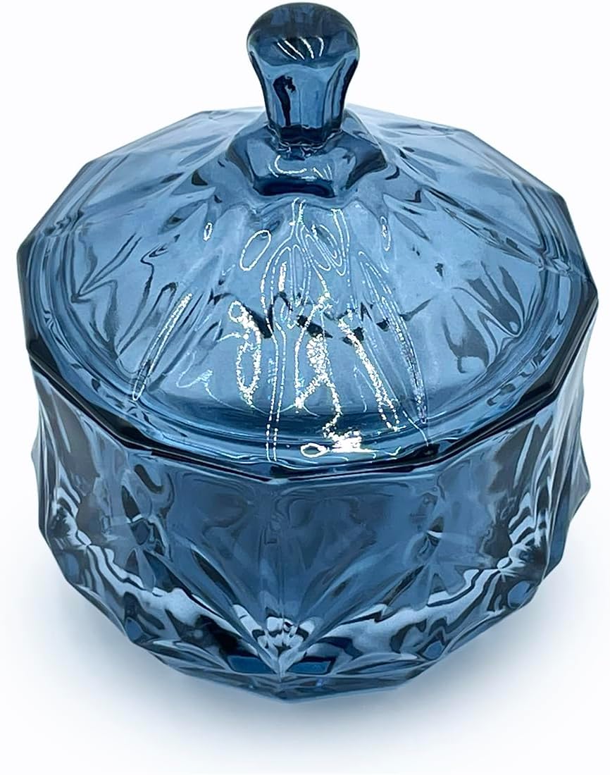 8oz Glass Candy Dish with Non-Airtight Lid,Small Crystal Candy Jar for Office Desk,Cotton Round Holder,Office,Bathroom,Dining Room Organizer (Gray Blue)