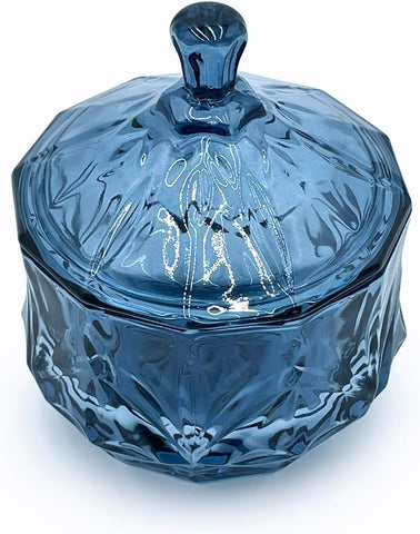 8oz Glass Candy Dish with Non-Airtight Lid,Small Crystal Candy Jar for Office Desk,Cotton Round Holder,Office,Bathroom,Dining Room Organizer (Gray Blue)