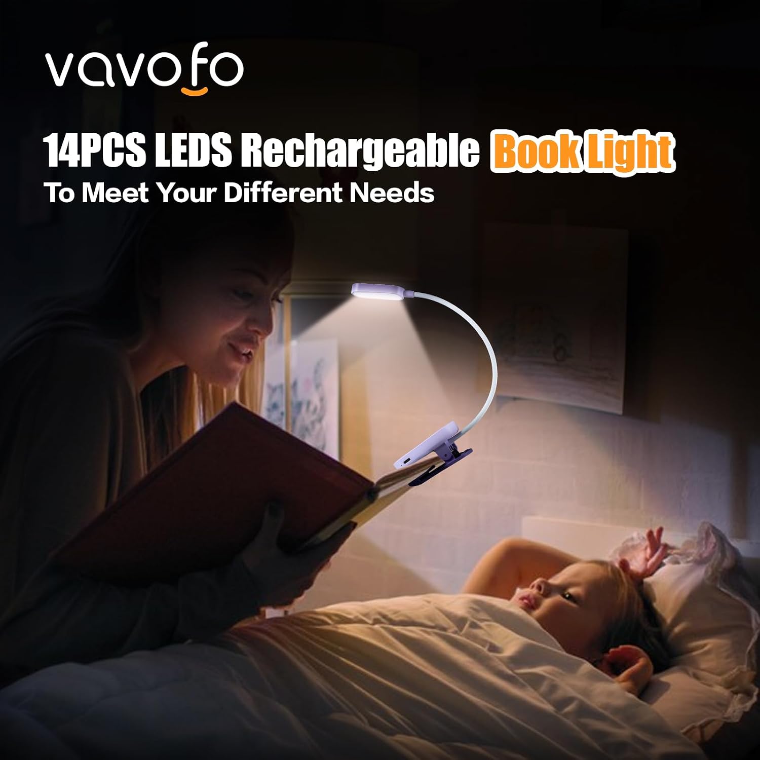 VAVOFO Rechargeable Book Light, 14 LEDs Eye Care Clip On Amber Reading Light for Bookworms Reading in Bed with 9 Colors 9 Brightness (Purple)