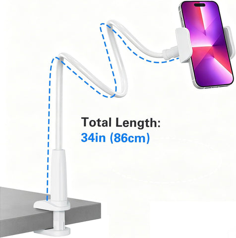 MAGIPEA Gooseneck Phone Holder for Bed, 34inch Flexible Overhead Cell Phone Mount for Desk, Hands-Free Viewing Clamp Stand Compatible with iPhone 17 16 15 Pro Max and 3.5-7" Devices, White