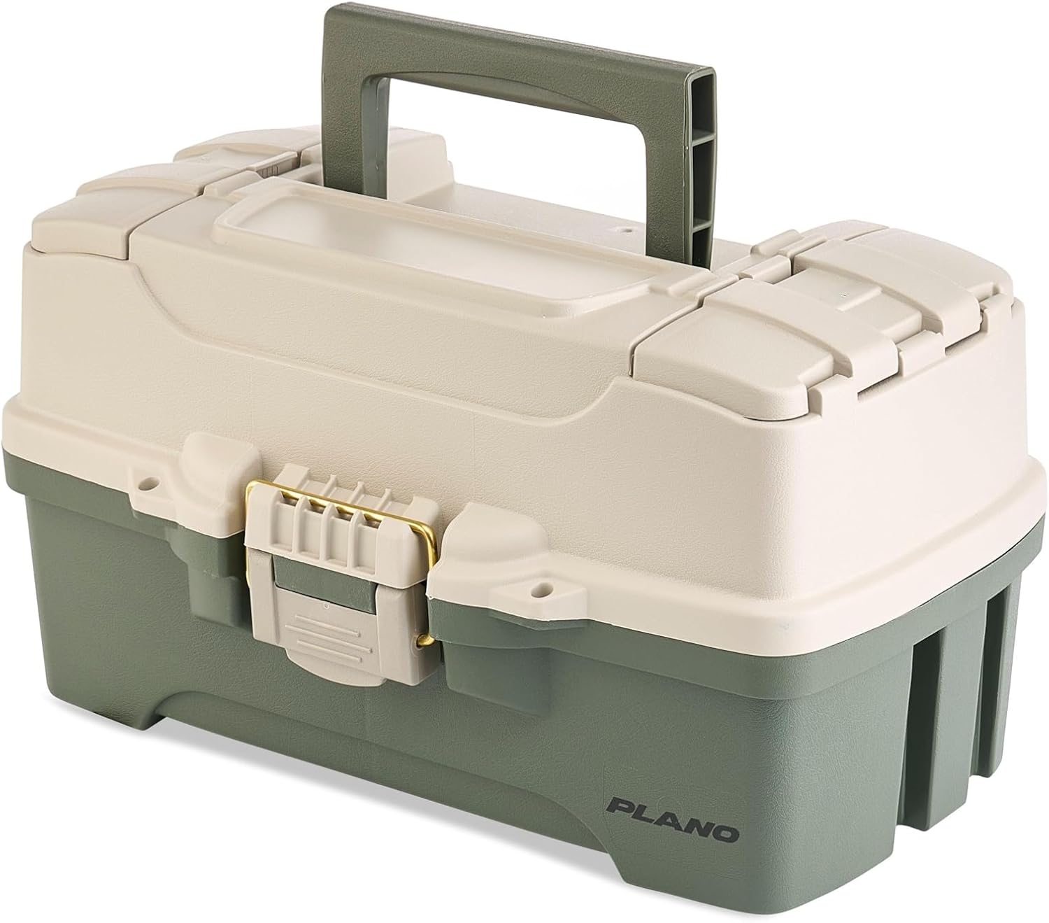 Plano Two-Tray Tackle Box, Green/Tan, Rust-Proof Brass Latch, Top-Access Tray with Deep Storage, Made in the USA, Portable Fishing Gear Storage Organizer