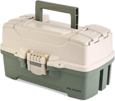 Plano Two-Tray Tackle Box, Green/Tan, Rust-Proof Brass Latch, Top-Access Tray with Deep Storage, Made in the USA, Portable Fishing Gear Storage Organizer