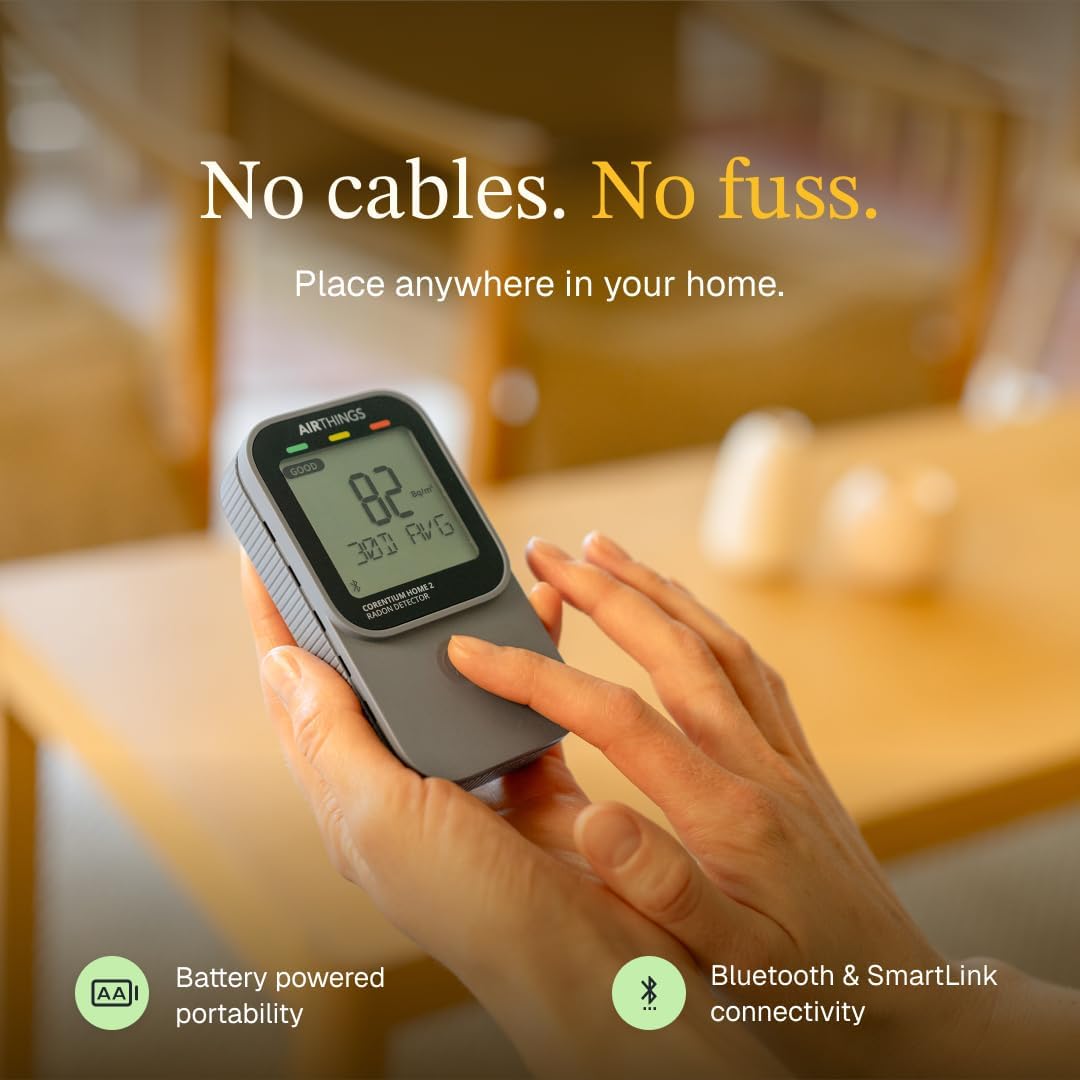 Airthings 325 Corentium Home 2 Smart Digital Radon Detector - Portable and Easy-to-use Radon Testing with Bluetooth connectivity and Humidity & Temperature Sensors
