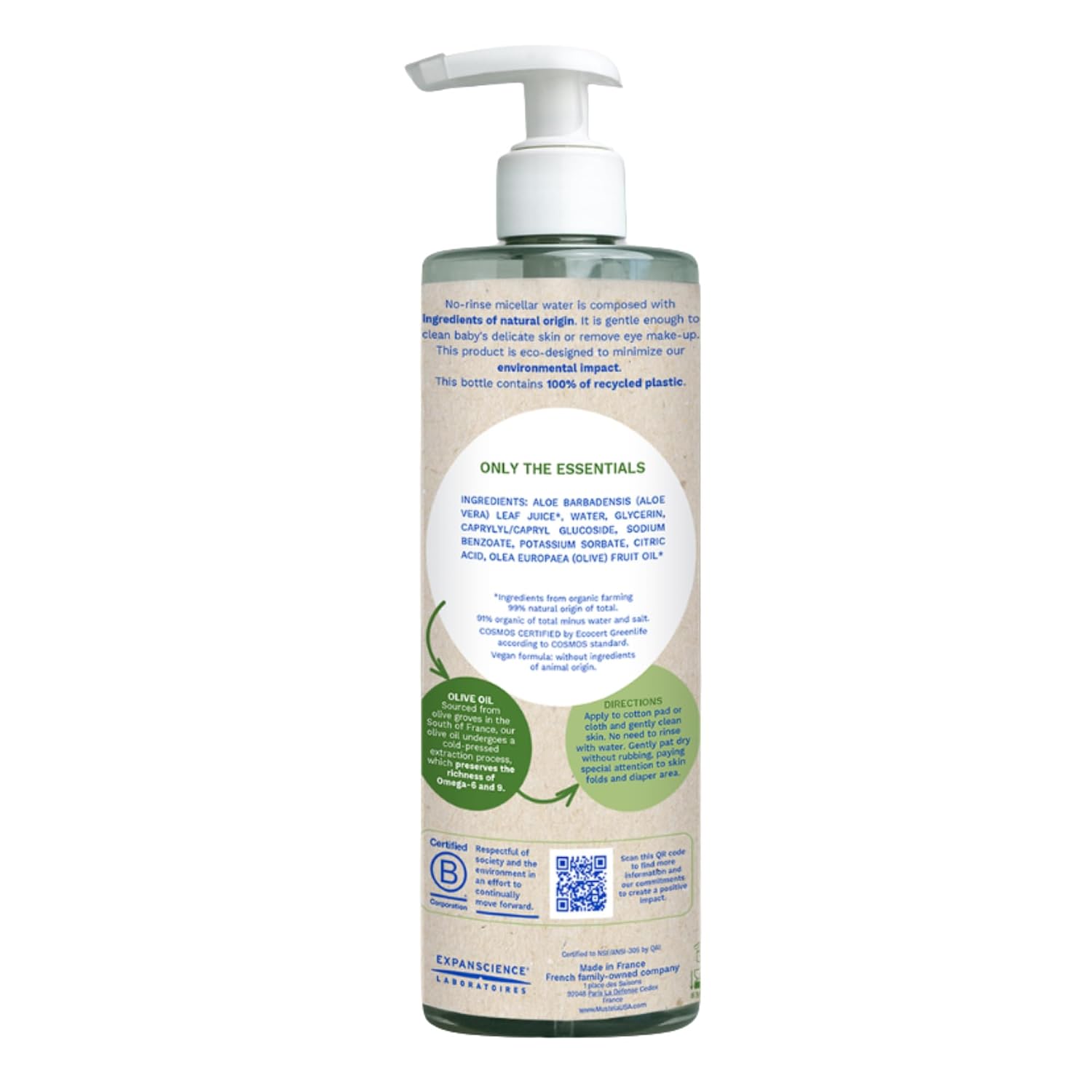 Mustela Certified Organic Micellar Cleansing Water -No-Rinse Natural Water Cleanser w/Olive Oil & Aloe Vera - For Baby, Kid & Adult - Fragrance Free, EWG Verified & Vegan -13.5 oz-Packaging may vary