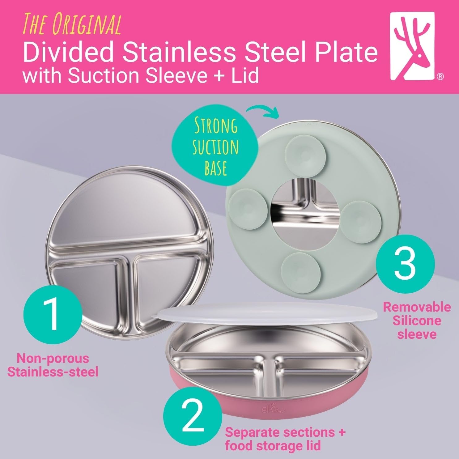 Elk and Friends Kids/Toddler 7.8" Stainless Steel Divided Plate + Lid | 4pk