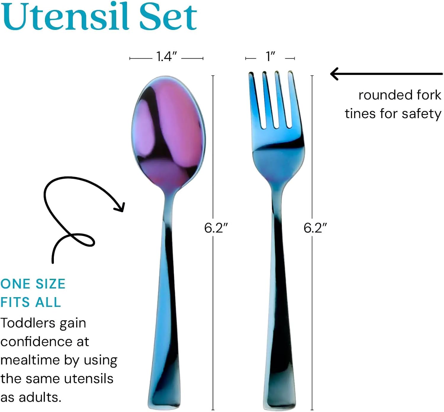 Ahimsa Stainless Steel Kids Utensil Set, Iridescent Blue, 8-Piece Set