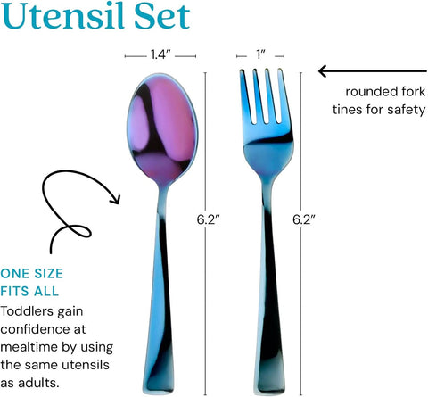 Ahimsa Stainless Steel Kids Utensil Set, Iridescent Blue, 8-Piece Set