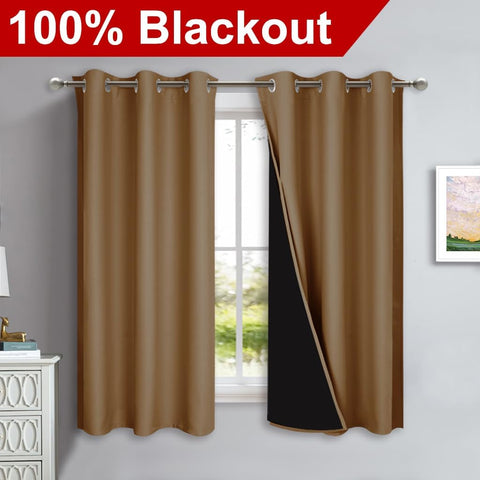 NICETOWN 100% Blackout Short Curtains with Black Liners, 2 Panels, 37" W by 40" L, Gold Brown, Solid Thermal Insulated Full Blackout 2-Layer Lined Drapes, Energy Efficiency Window Drapes for Bedroom
