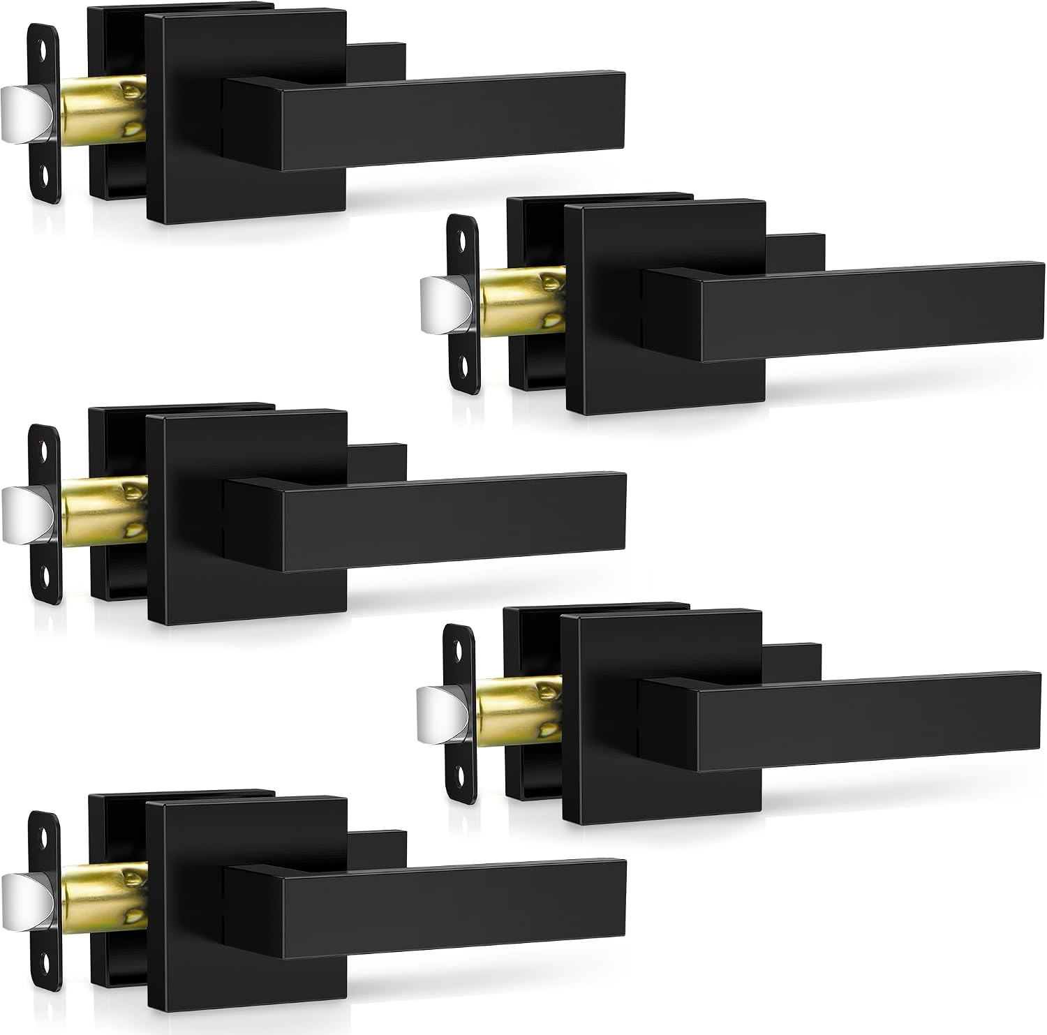 Plustool 5 Pack Matte Black Door Handles, Passage Door Levers for Hallway & Closet, Interior Keyless Door Knobs Heavy Duty Square Non-Locking Handlesets(2.0lb), Reversible for Left & Right Sided Doors
