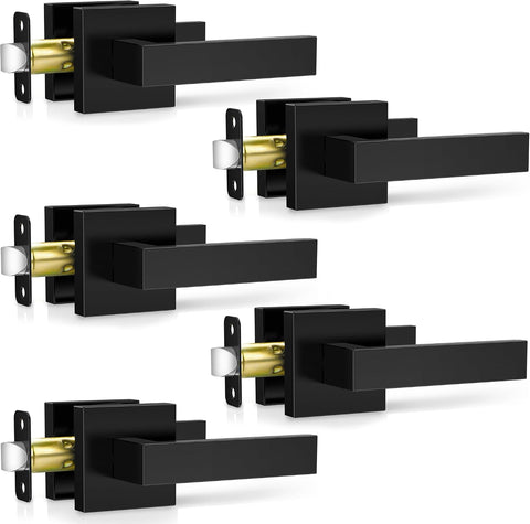 Plustool 5 Pack Matte Black Door Handles, Passage Door Levers for Hallway & Closet, Interior Keyless Door Knobs Heavy Duty Square Non-Locking Handlesets(2.0lb), Reversible for Left & Right Sided Doors