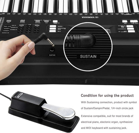 Soraco Sustain Pedal Universal for Yamaha Casio Roland Korg Behringer Moog Piano Midi Electronic keyboards Style with Polarity Switch, 1/4'' Input Plug