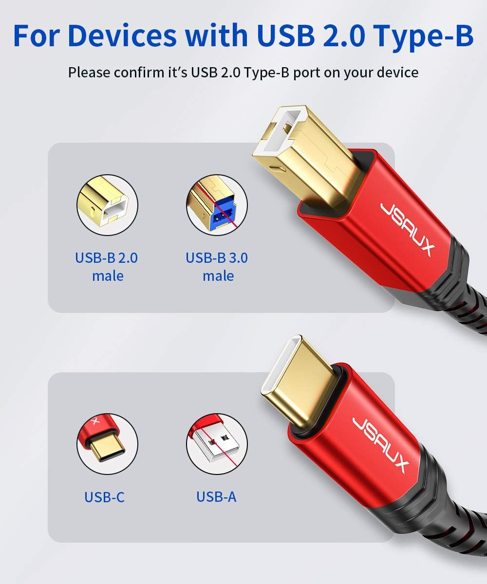 JSAUX USB B to USB C Cable 10ft, Printer Cable USB C for MIDI Keyboard