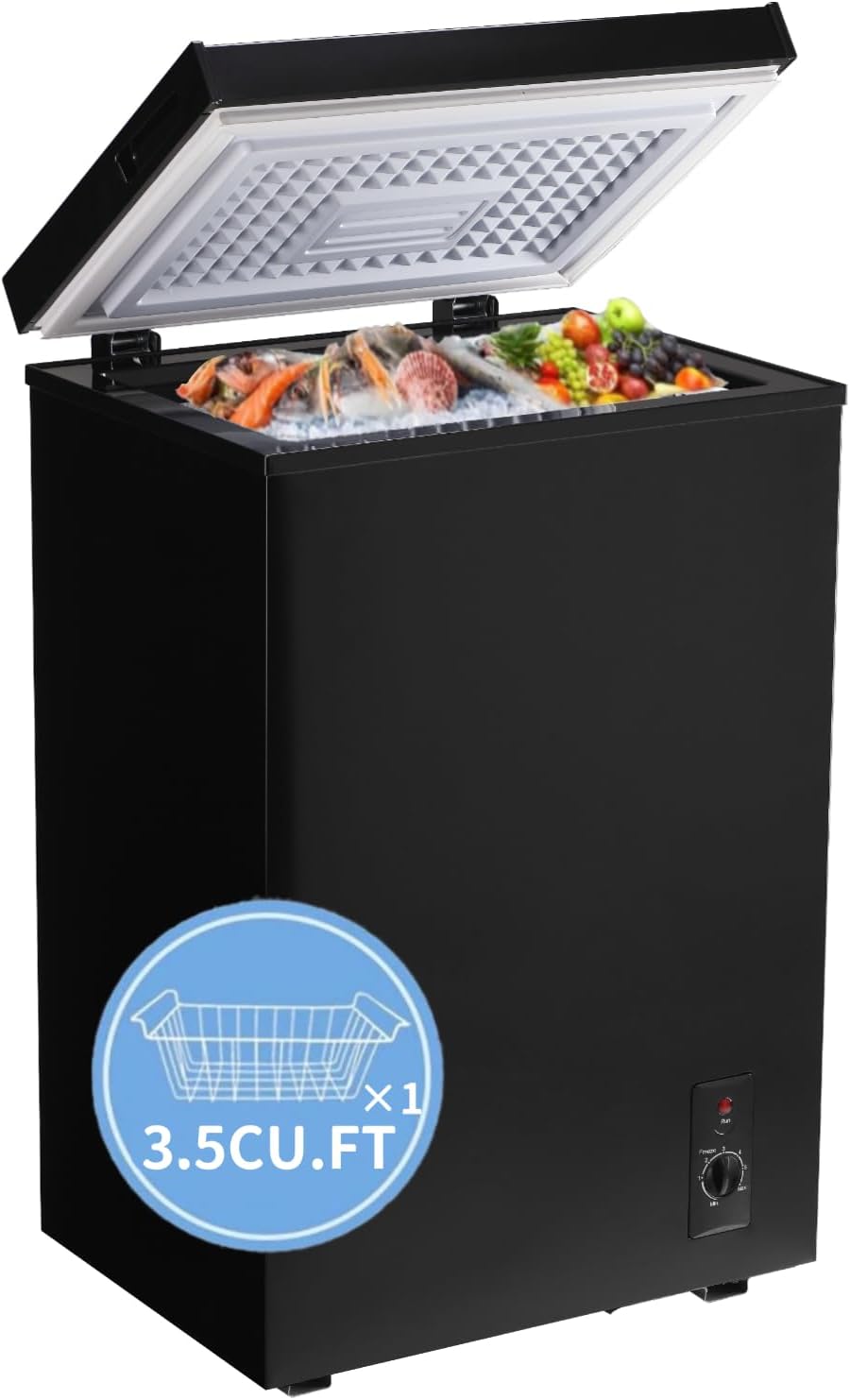 Chest Freezer 3.5 Cu.Ft Deep Freezer with Removable Basket, 7-Level Adjustable Thermostat, Fast Cooling Freestanding Top Open Door, Black