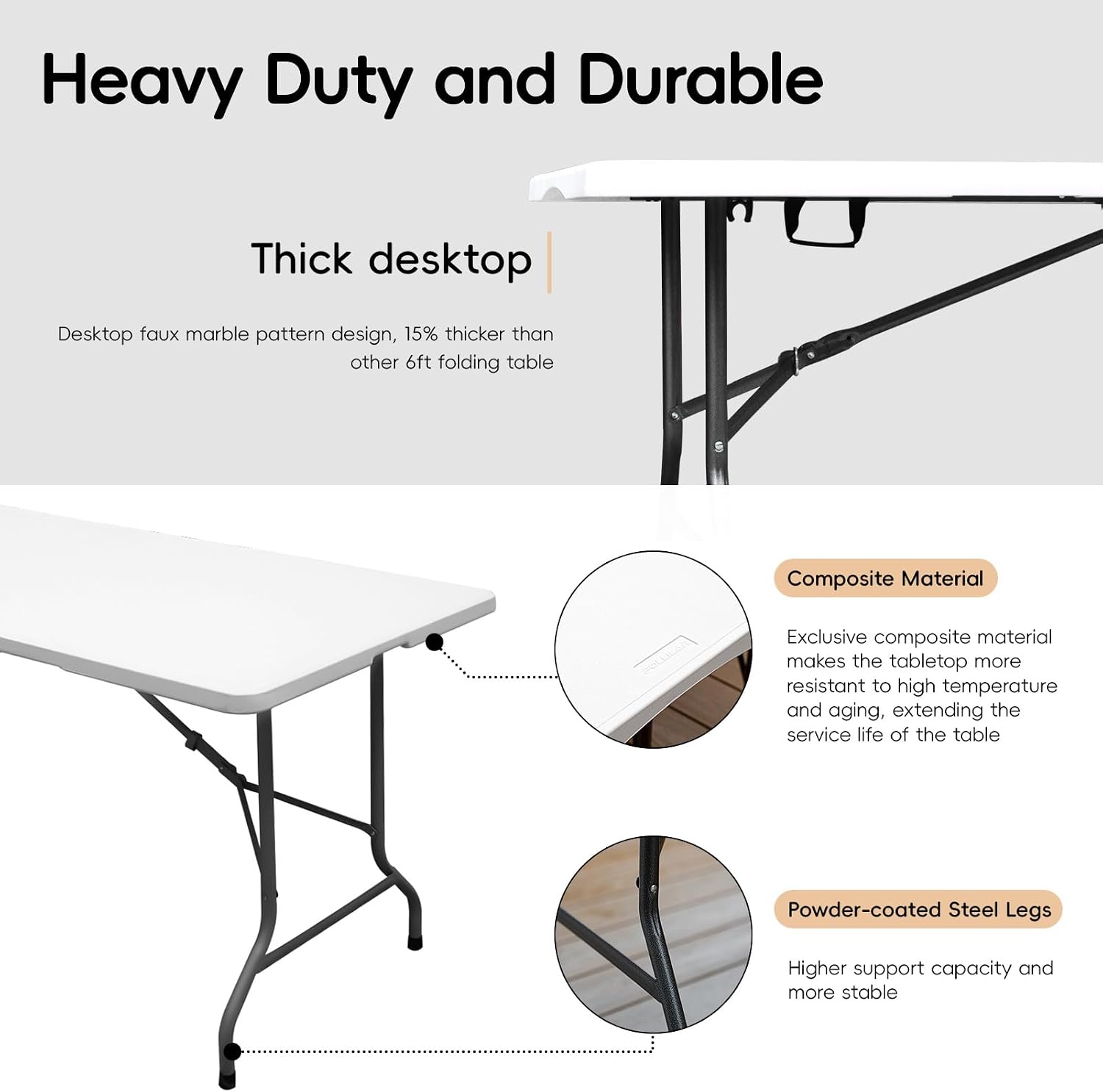 pollilar 6FT Folding Table Heavy Duty Portable Plastic Foldable Table White