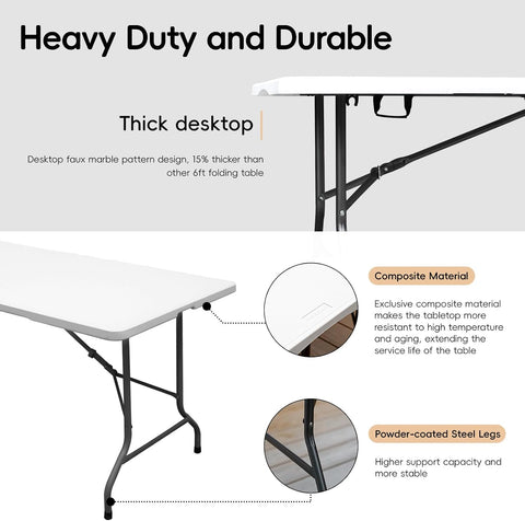 pollilar 6FT Folding Table Heavy Duty Portable Plastic Foldable Table White