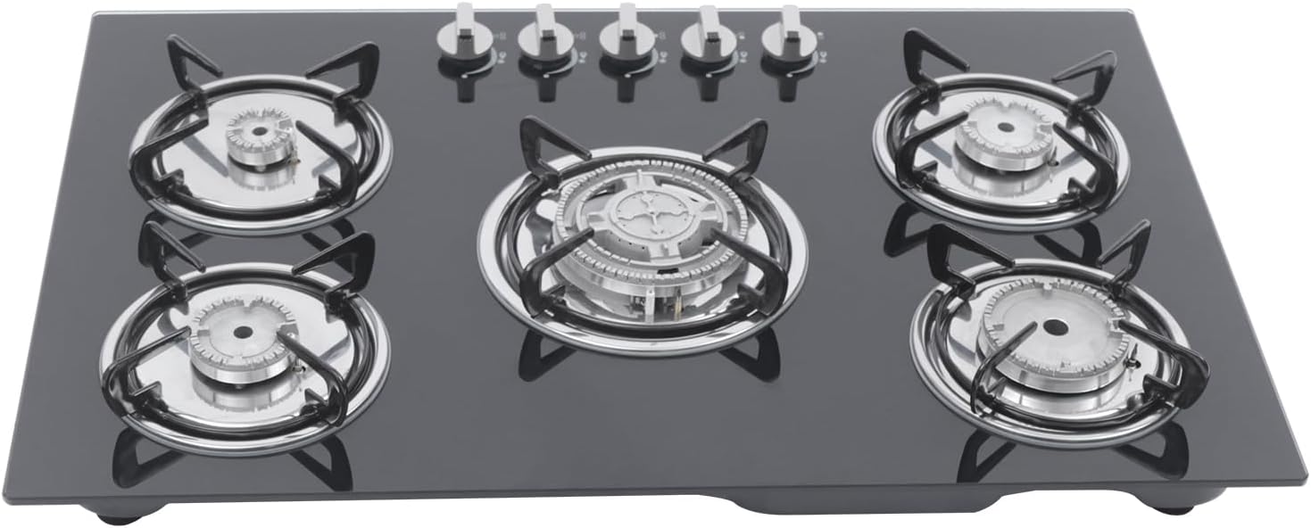 30" Built-in Gas Cooktop 5 Burner, Tempered Glass LPG/NG Dual Fuel, High Efficiency Stove with Easy-Clean Surface for Home & Commercial Use