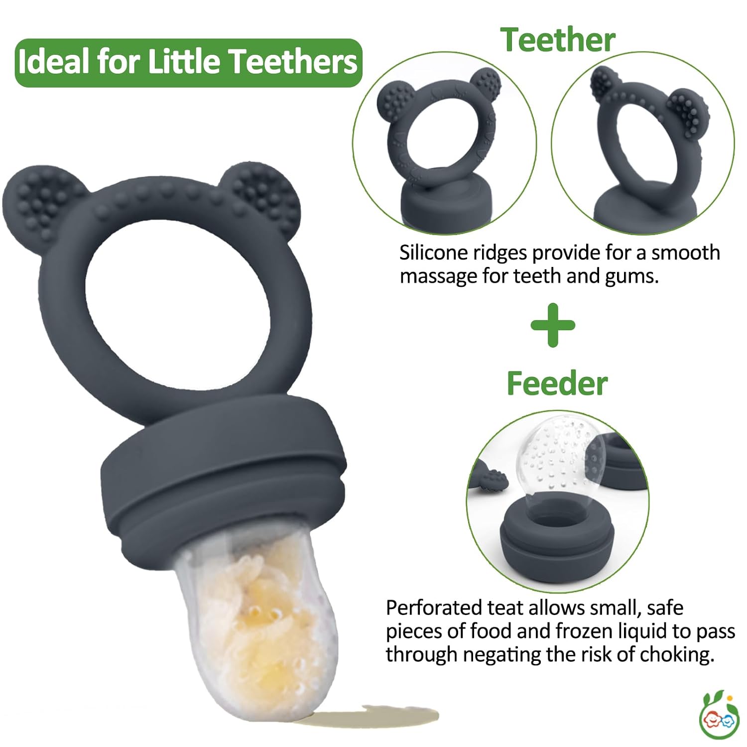 JEXFUN Silicone Baby Food Feeders + Freezer Tray for Batch Prep, Introduce New Foods Safely, Double as Silicone Teething Toys, BPA Free Silicone Feeder for Safe Infant Self Feeding - (Dark Grey)