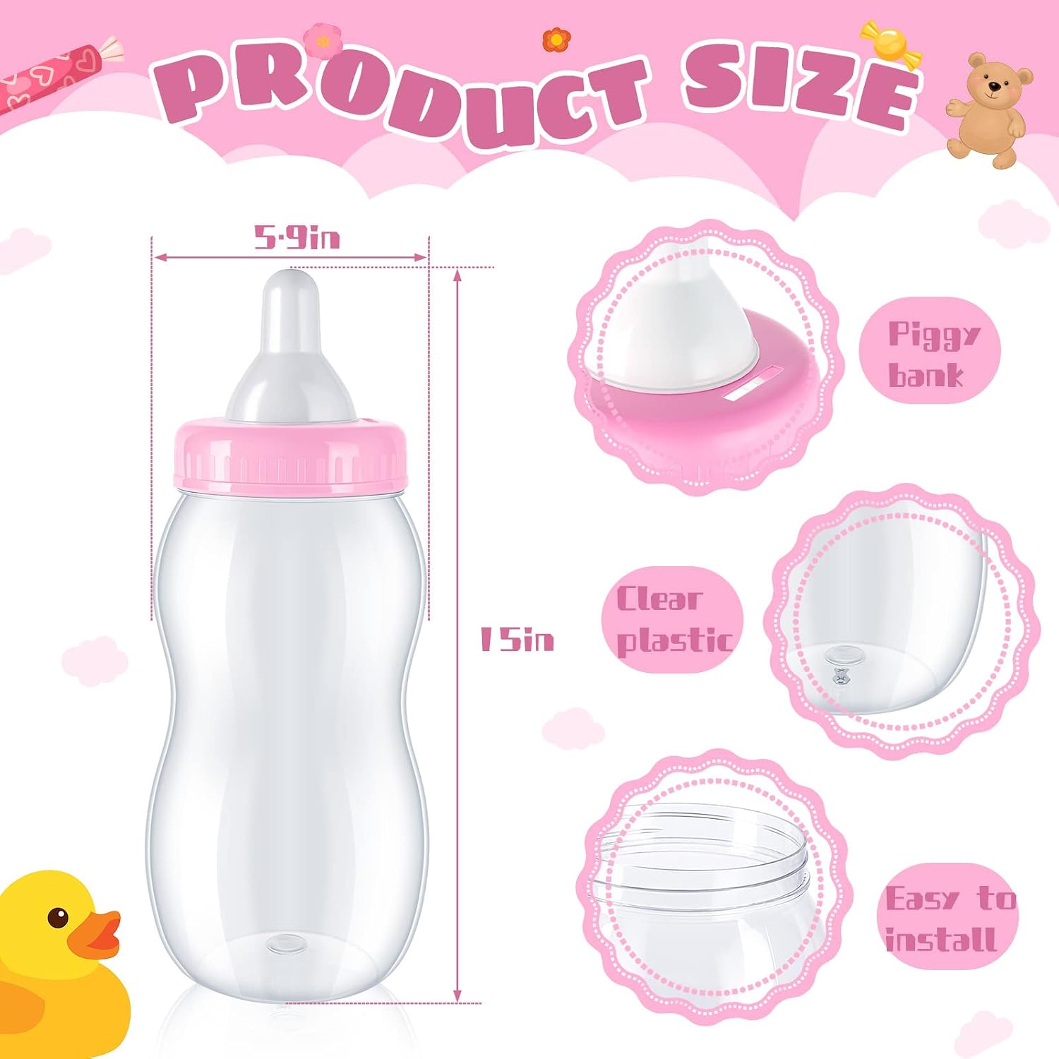 Tessco for you 2 Pcs 15in Jumbo Baby Bottle Bank Baby Shower, Pink