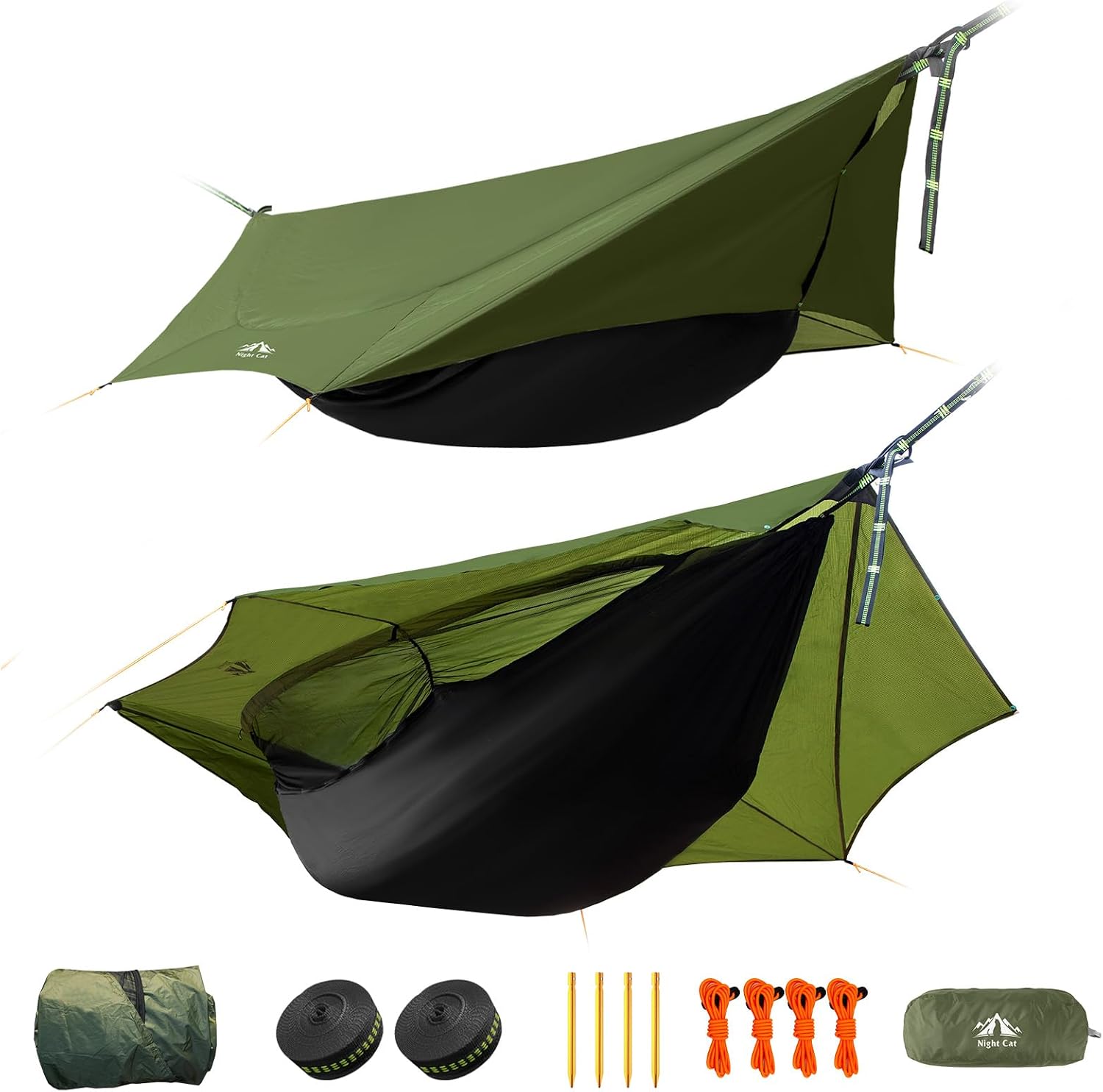 Night Cat Camping Hammock Tent: Lightweight Portable 4 in 1 Hammock with Rain Tarp and Mosquito Net for Hiking Jungle Outdoor