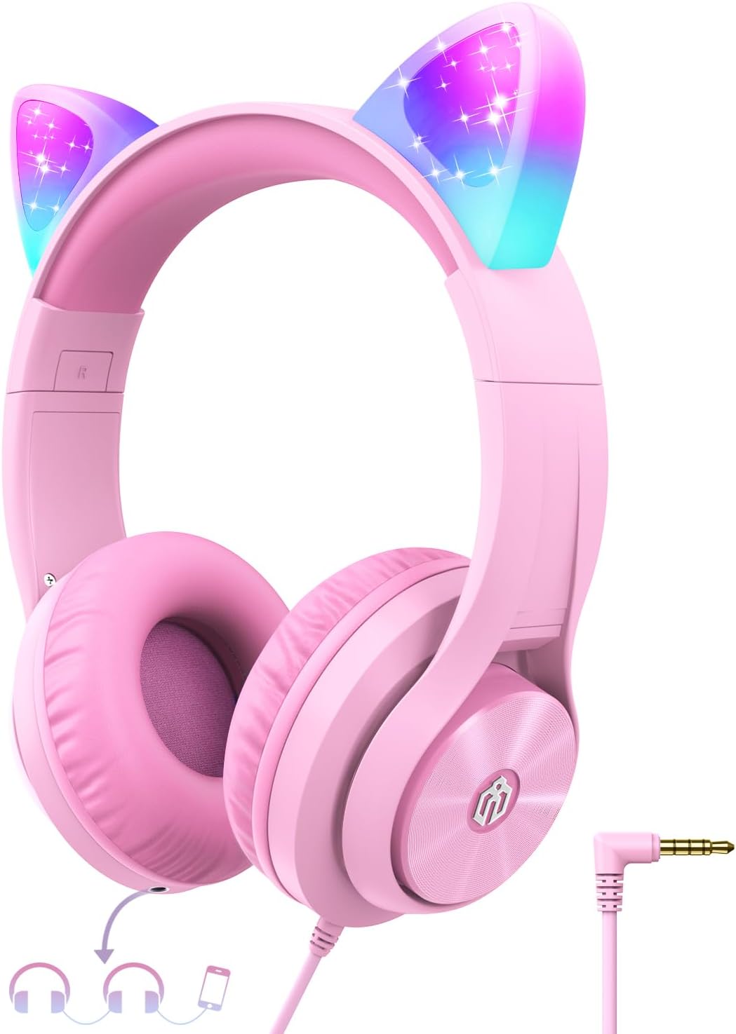 iClever HS20 Kids Headphones for Toddler Girls, Cat Ear LED Light Up School