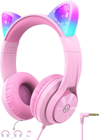 iClever HS20 Kids Headphones for Toddler Girls, Cat Ear LED Light Up School