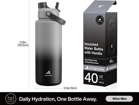 POWCAN 40 oz Insulated Water Bottle with 2-in-1 Straw and Spout Lid, Keep Cold 24H, Leak-Proof, BPA-Free, Double Wall Stainless Steel Water Bottle for Sports, Gym, Travel, and School (Obsidian)