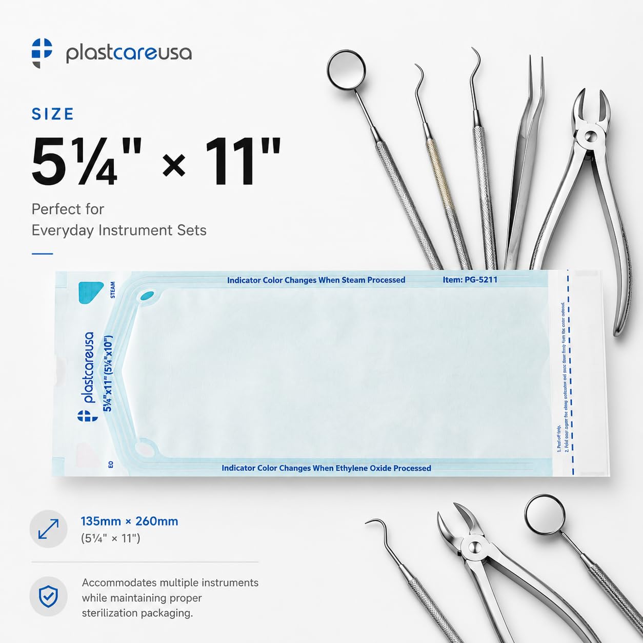 1000 5.25 x 10 Self Sealing Sterilization Pouches - Autoclave Sterilizer Bag Pouch for Sterilizing Dental Medical Instruments and Cleaning Tools - Latex-Free, Color Changing Indicator by PlastCare USA
