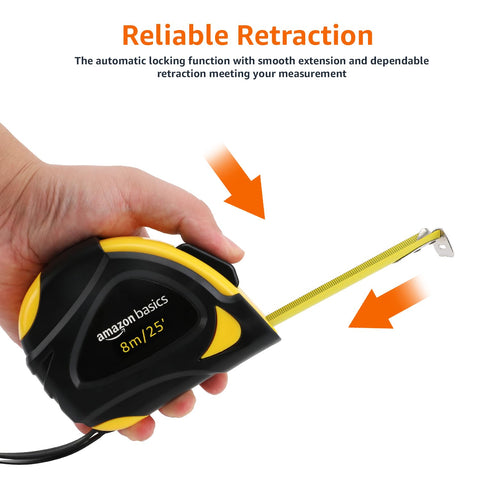 Amazon Basics Self-Locking Tape Measure, 25ft (8-meters), Accurate Dual Scale inch/metric, MID Accuracy, Extendable, 2-Pack, Yellow