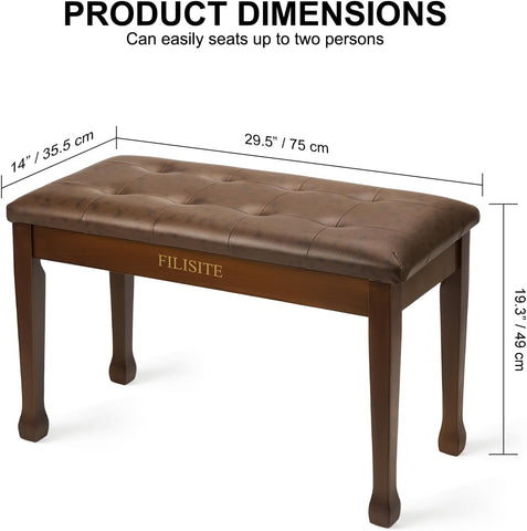Duet Piano Bench with Storage, Wooden Piano Stool with Waterproof Padded Cushion, Bench Seat for Vanity, Living Room, Bedroom (Wood)