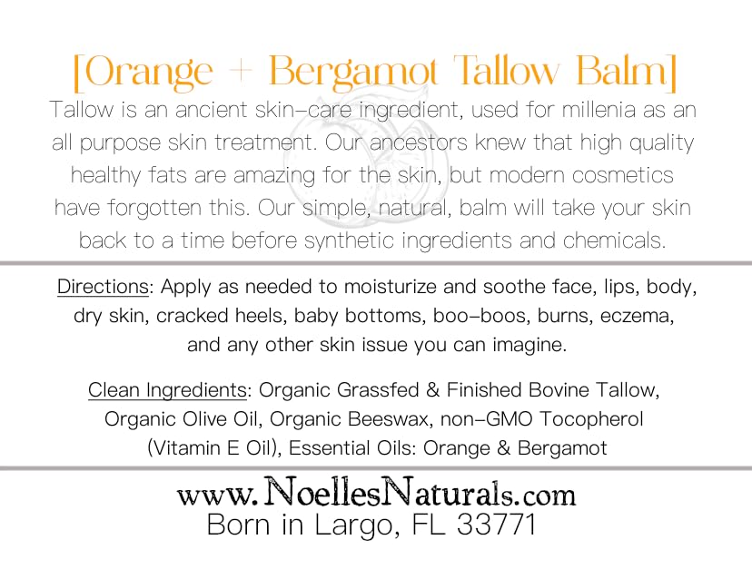 Tallow Balm - 100% Organic Grassfed Tallow - 3.5oz - Orange + Bergamot - Moisturizing - Dry Skin - Stretch Marks - All Natural