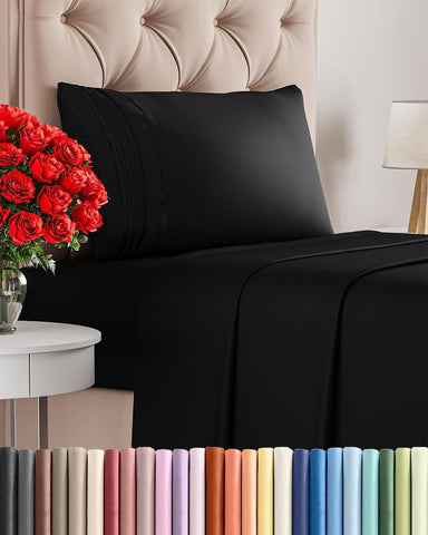 Twin Size 3 Piece Sheet Set - Comfy Breathable & Cooling Sheets - Black