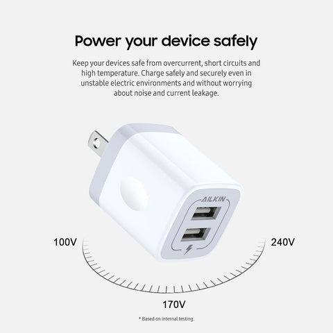 USB Wall Charger, Charger Adapter AILKIN 2Pack 2.1A Dual Port Quick Plug