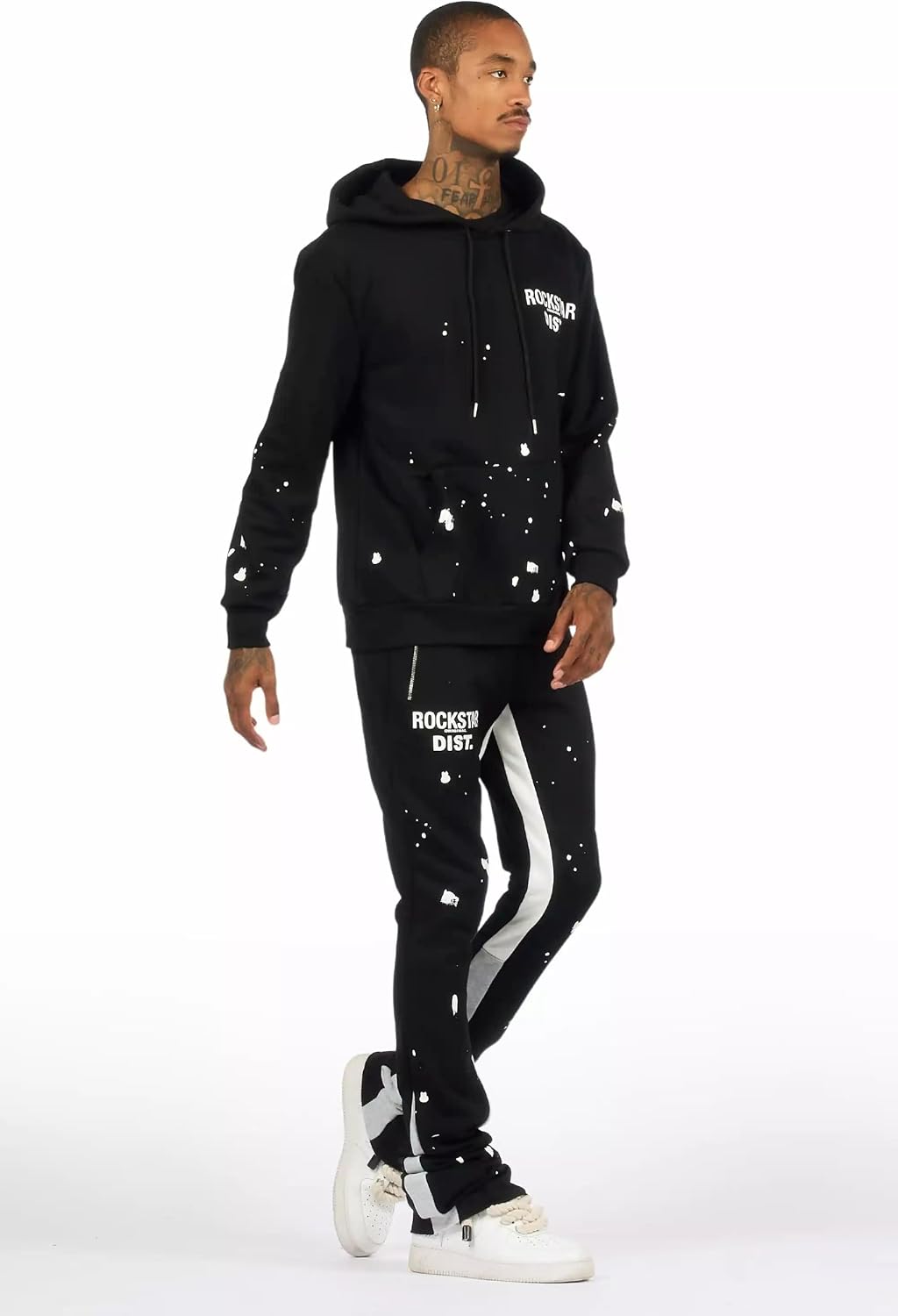 ROCKSTAR ORIGINAL Men's Raffer Black/White Hoodie/Super Stacked Flare Pant Set