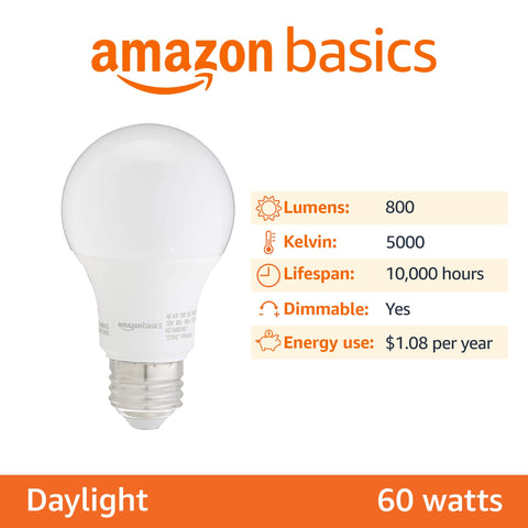 Amazon Basics A19 LED Light Bulbs, 60 Watt Equivalent, Energy Efficient 9W, E26 Standard Base, Daylight White 5000K, Dimmable, 10,000 Hour Lifetime , 6-Pack