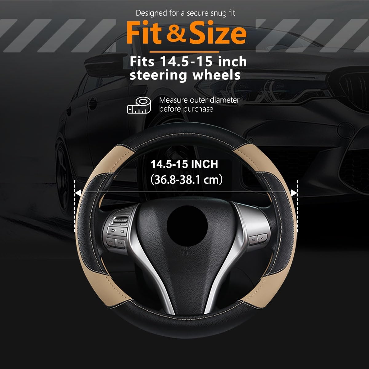 Leather Car Steering Wheel Cover, Universal Fit for Most Cars, Beige
