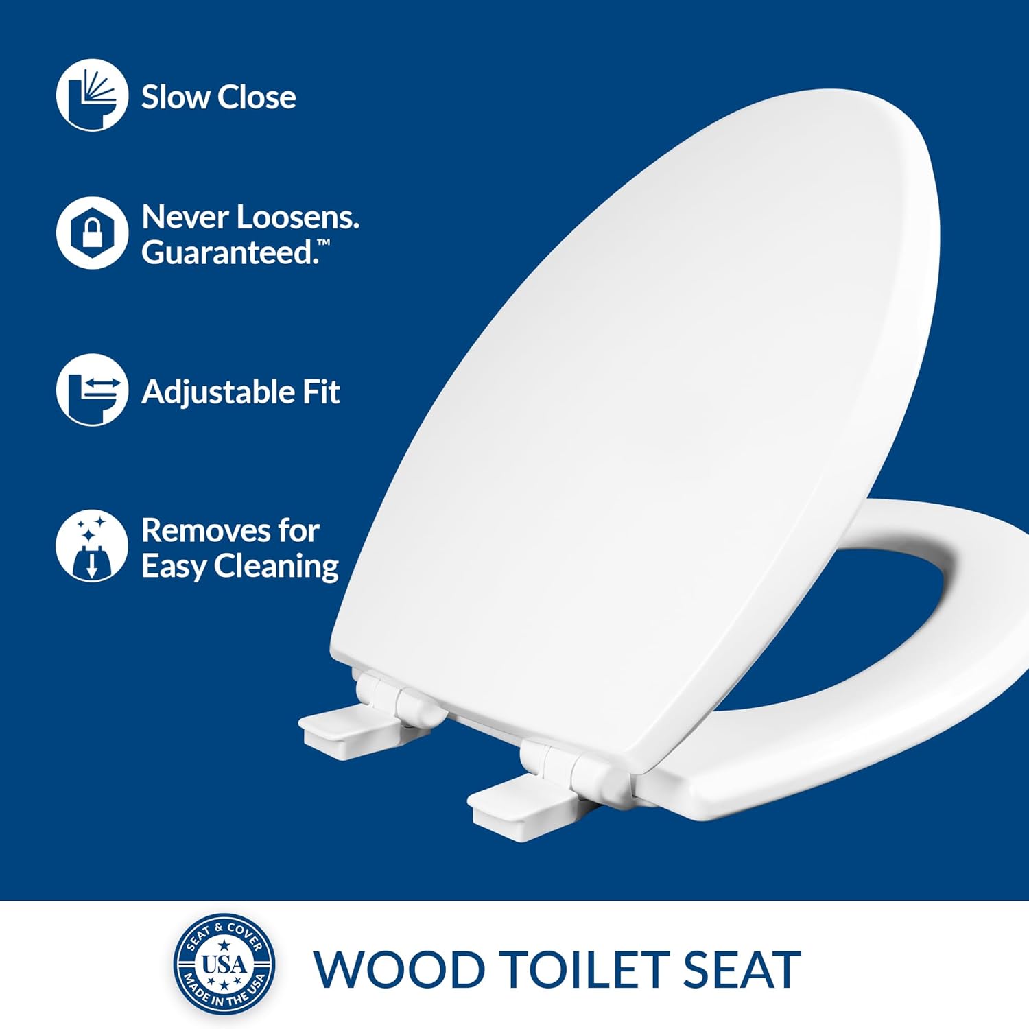 Mayfair Cassel slow close toilet seat, easy clean non-slip premium wood seat, install, made in USA, elongated, white