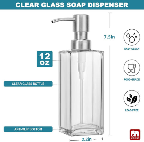 GMISUN Glass Soap Dispenser with Stainless Steel Pump, Clear Hand Soap Dispenser for Bathroom, 12 fl oz/350ml Dish Dispensers for Kitchen, Modern Refillable Liquid Soap Lotion Bottle for Countertop