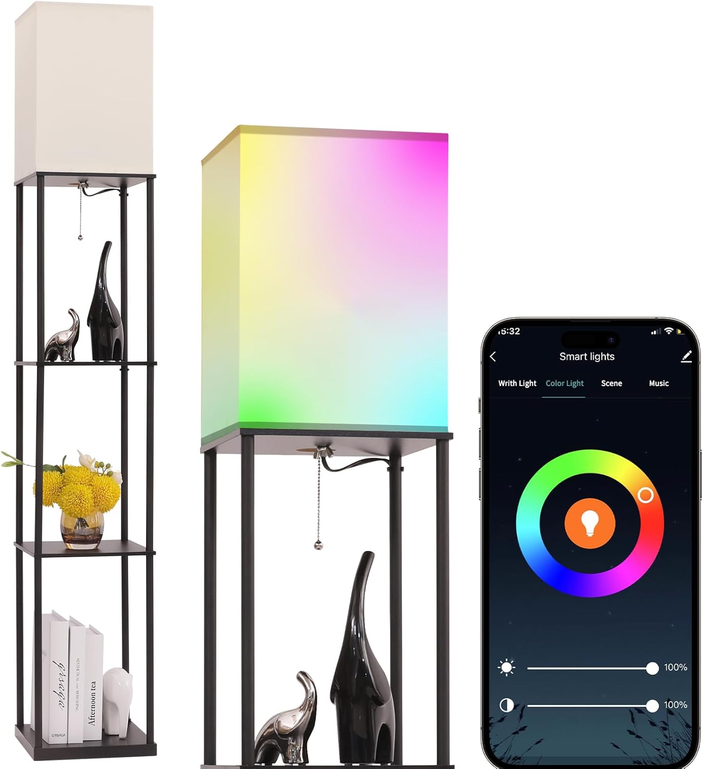 Gupuzm Floor Lamp with Shelves, with Modern Square Standing Lamp with Smart APP Control RGB Bulb, Corner Display Bookshelf Lamp for Living Room, Bedroom and Office (black-9RGB)