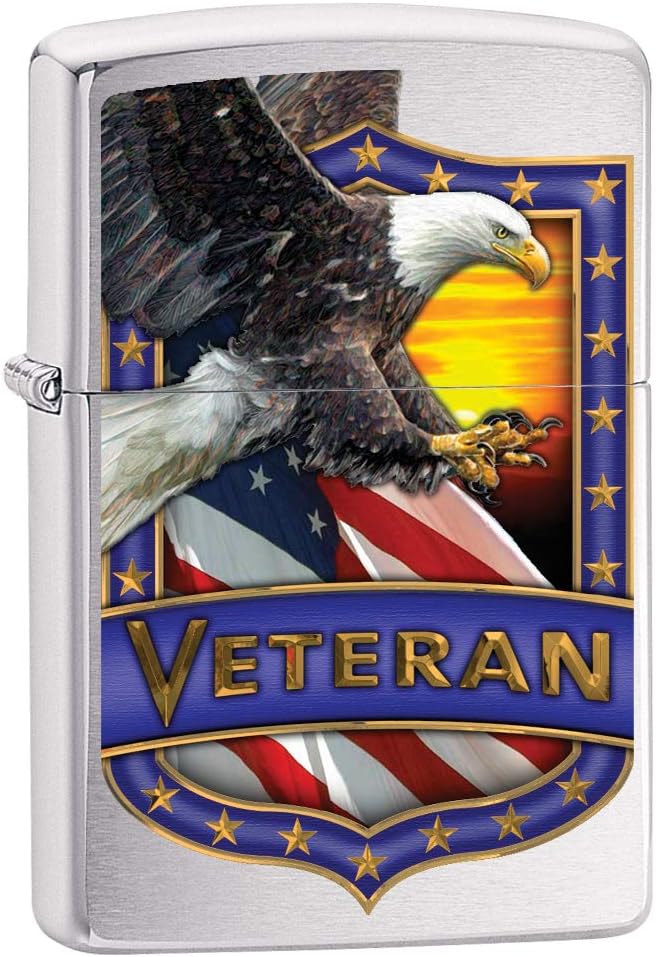 Zippo Lighter: Veteran Shield with Eagle - Brushed Chrome 79983
