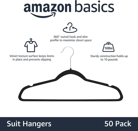 Amazon Basics Slim Velvet Non-Slip Space Saving Suit Clothes Hangers, Closet Organizer, Black, 50-Pack