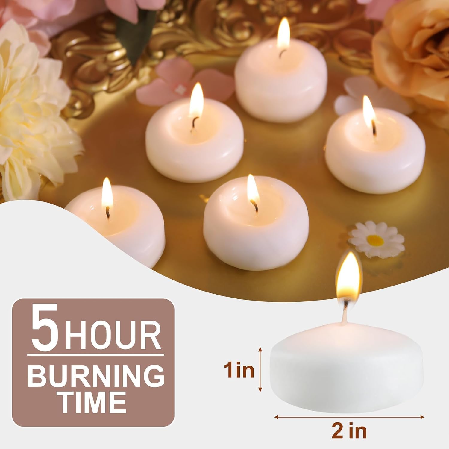 24 Pack 2 Inch Floating Candles, 5-6 Hour Burn White Real Wax