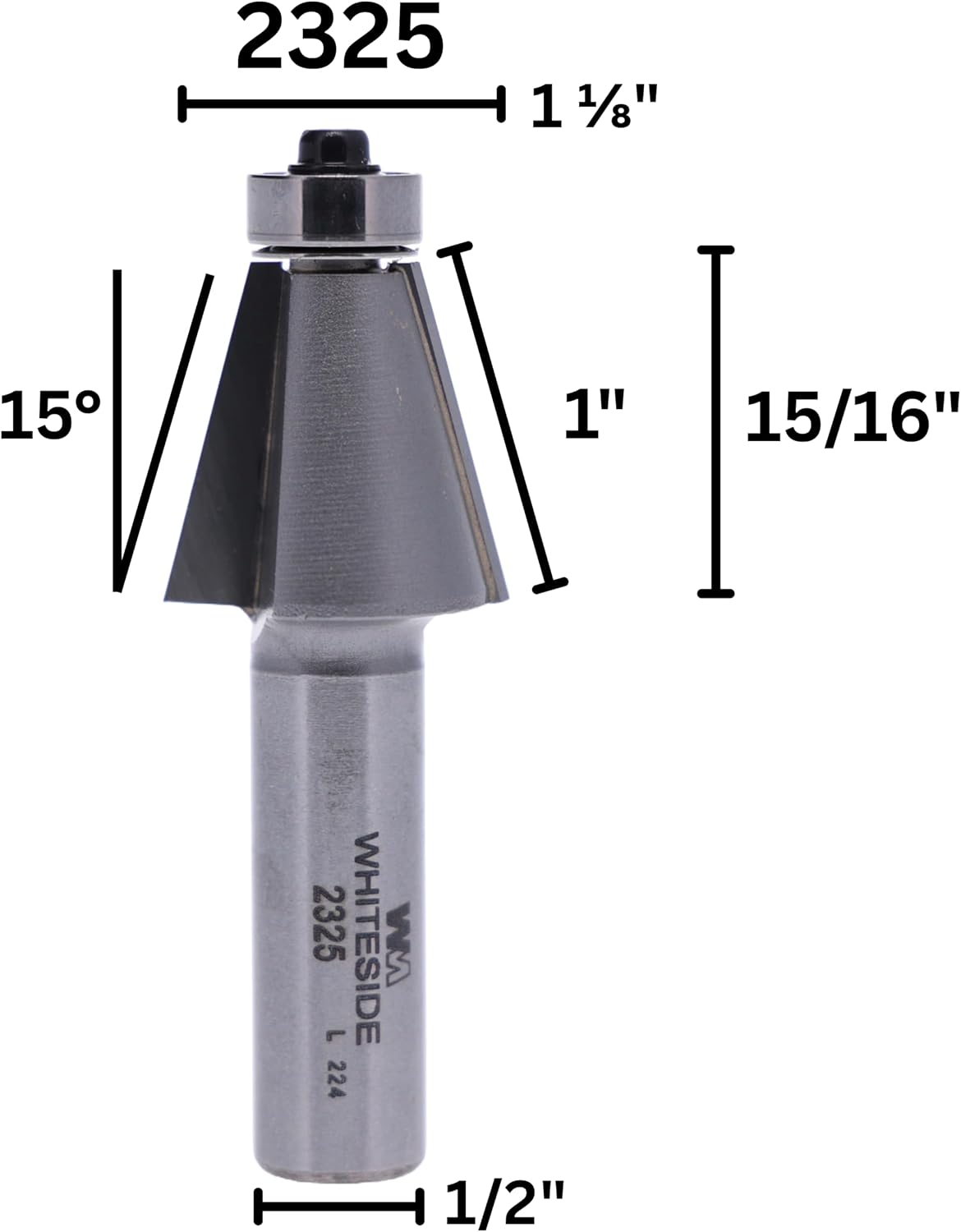 Whiteside 2325 Edge Bevel Router Bit: 15 Degree Angle, 1 Inch Cutting Length, 15/16 Inch Cutting Height, 1/2 Inch Shank, 1-1/8 Inch Large Diameter