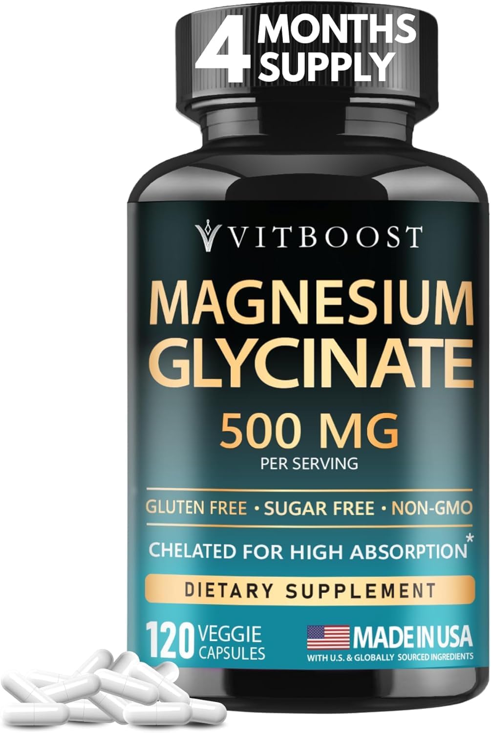 VITBOOST Magnesium Glycinate 500mg - Support Sleep 120 Veggie Capsules